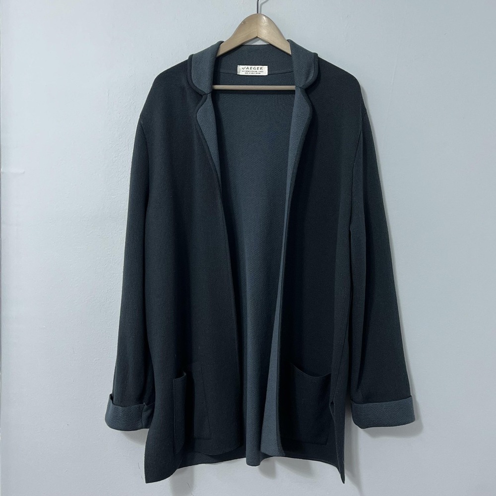 Jaeger‎ Cardigan Sweater Womens Large Gray 100% Merino Wool Open Front Pockets